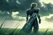 An anime warrior in spiked body armor standing on a green field with gray clouds and a sword behind his back, generative ai