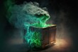 © Ilugram - open pandora's box with green smoke on a wooden background. Digital illustration. Generative AI