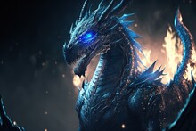 A Blue Dragon With Glowing Blue Eyes On A Dark Background With Fire, Generative Ai
