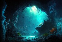 Underwater Cave In Fantasy Underwater World. Digital Illustration. Generative AI