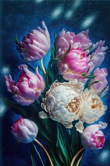 Wall Mural - Peonies and tulips bouquet. Valentines day or weeding day post card. Purple, pink, white, blue and rosy colors. Generative ai