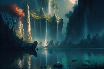 Exotic waterfall and lake panorama landscape of Plitvice Lakes. Digital illustration. Generative AI