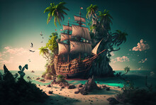 Tropical Island With A Pirate Ship In Disrepair And A Trove Of Riches. Digital Representation. Generative AI