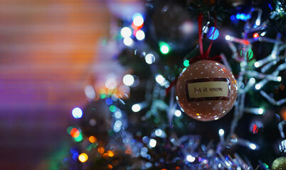 Poster - Christmas ornaments bauble on tree with blurry light background, Xmas ball on the branches fir,Horizontal banner for Merry Christmas,Happy New Year greeting card, Noel, Winter Holidays Concept