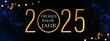 2025 Frohes neues Jahr Feiertag Grußkarte Banner - Goldener glitzer Kreis mit Text und Feuerwerk Pyrotechnik auf schwarzem Nachthimmel Textur Hintergrund