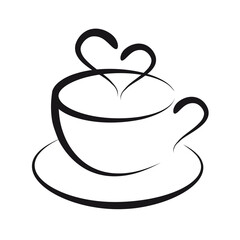 Coffee cup with heart steam, line art illustration over a transparent background, PNG image