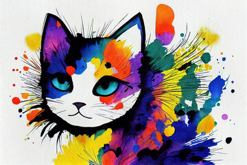  Cute colorful cat. Watercolor kids illustration with domestic animal