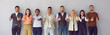 © Studio Romantic - Studio team portrait of many happy international multicultural multiracial multiethnic males and females with optimistic approving attitude standing in row showing thumbs up together Banner background
