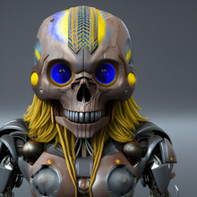 Robot With Blue Eyes, Skull Like, Humanoid, Close Up, Portrait Of A Cyber Skeleton. Digital Illustration. Generative AI.