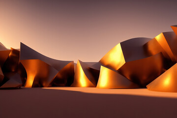 Fantastic landscape with abstract figures. Surreal architectural background. 3D rendering illustration.