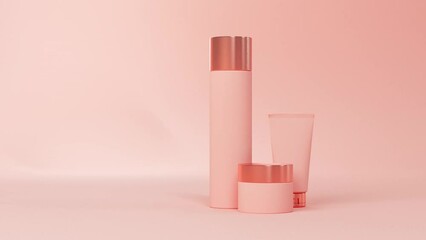 Wall Mural - group of cosmetic products bottles, cream and lotion jars on beige background 3d render motion