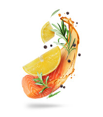 Wall Mural - Juicy slice of fresh salmon in splash of oil with ingredients isolated on a white background