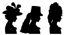 Profile Silhouettes Of Beautiful Young Victorian Woman With Three Different Types Of Hats.
