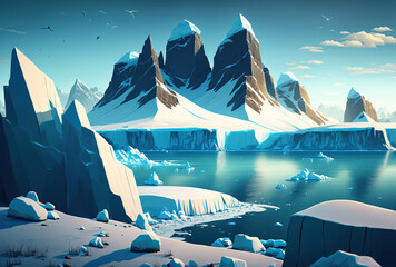 Wall Mural - cartoon depiction of a wintery arctic environment with icebergs, clear blue ocean, snowy hills, and 