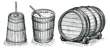Wooden Butter Churn, Bucket, Barrel In Vintage Engraving Style. Dairy Food Farm Production Concept. Sketch Vector