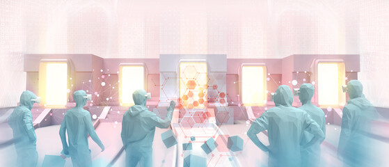 Aufkleber - Creative idea of Open doors of success To connect the metaverse world to the future of digital business with the Internet connect concept on red. network, copy space, Development, banner-3d Rendering