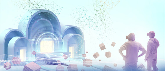 Aufkleber - Creative idea Success of Open doors of success To connect the metaverse world to the business goals of young leaders in business development concept on Blue. copy space, digital -3d Rendering
