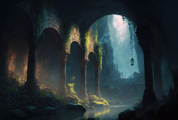 Subterranean City. Fantastic Realistic Scenes. Fantasy Background of Nature. concept painting Book . Video game history. Dedicated digital painting. CG art of scenery. Generative AI