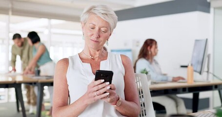 Sticker - Elderly business woman, phone and smile for social media, texting or chatting for communication at office. Happy senior female CEO enjoying online conversation on mobile smartphone at the workplace