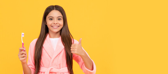 oral care. self hygiene. daily habit. happy teen girl hold toothbrush. childhood happiness. banner o