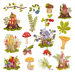 Fairy Forest House and Mushrooms as Fantastic Woodland Elements Big Vector Set