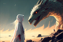 Encounter Of A Beautiful White Dragon And A Girl In A  Whitenrobe At A Beach, Concept Art Digital, Illustration