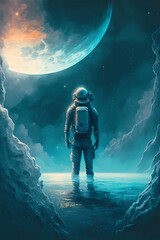 Wall Mural - Astronaut standing backwards in a blue sea and looking in the sky at a moon at a landscape, concept art digital, illustration