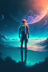 Wall Mural - Astronaut standing backwards in a blue sea and looking in the sky at a moon at a landscape, concept art digital, illustration