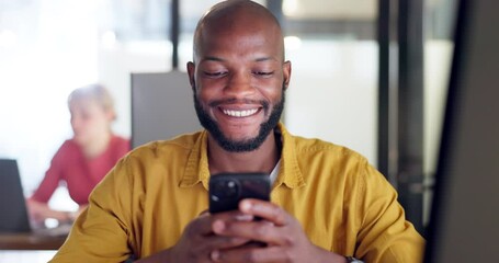 Poster - Black man, phone and office chat while online for communication, social media or reading email, news or content creator post. Smile on face of employee at desk for project research on website