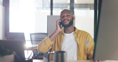 Aufkleber - Communication, office and black man on a phone call with client for online meeting, planning and chat. Technology, networking and male entrepreneur talking, speaking and in conversation on smartphone