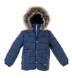 Stylish winter clothes for children. Blue jacket isolated on white background. Fur on hood.