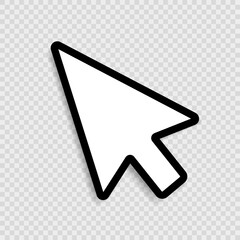 Poster - A white computer mouse pointer icon with a black outline on a transparent background. Vector illustration.