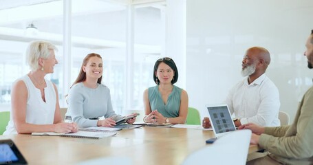 Wall Mural - Business people, handshake and partnership congratulations during b2b team meeting with diversity and happy employees talking at a table. Men and women shaking hands for deal, proposal or promotion