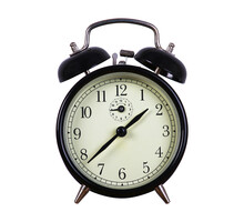 Old Fashioned Black And White Traditional Alarm Clock On Transparent Background.