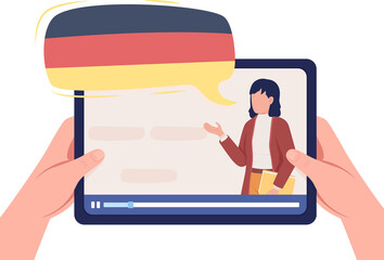 Poster - Student learns German language with professional teacher online semi flat color raster characters. First view hand on white. Simple cartoon style illustration