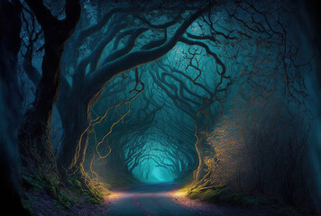 Canvas Print - road through enchanted woodland before dawn, lovely ancient trees dream scene,. Generative AI