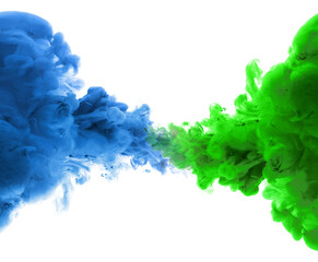 Wall Mural - ink blue, green color smoke wave blot on png transparent abstract background.