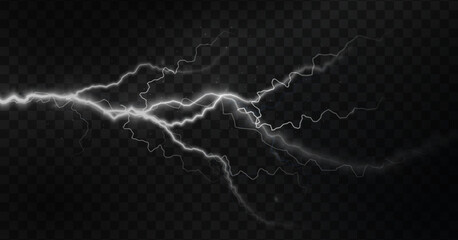 Poster - Light white isolated vector lightning png. Magic light abstract lines. Realistic natural lightning effects.