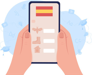 Poster - Studying Spanish language online 2D raster isolated illustration. Flat first view hand on cartoon background. Education app colourful scene for mobile, website