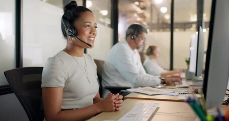 Poster - Contact us, telemarketing and crm, black woman in customer service with headset and smile on face. Happy to help, call center agent or sales consultant on phone call, support and consulting online.