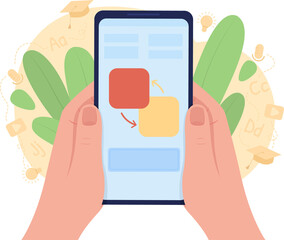 Poster - Using translation app 2D raster isolated illustration. Flat first view hand on cartoon background. Colourful scene for mobile, website, presentation