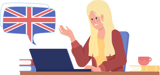 Poster - Girl participating in video class of British English semi flat color raster character. Sitting figure. Half body person on white. Simple cartoon style illustration for web graphic design and animation