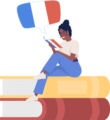 Aufkleber - Girl reading french novel semi flat color raster character. Sitting figure. Full body person on white. Learning new language simple cartoon style illustration for web graphic design and animation