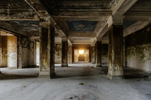 Large Hall With Columns In Old Abandoned Mansion
