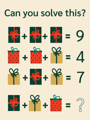 Math riddle for kids and adults. Picture equations, christmas math for children. Vector format