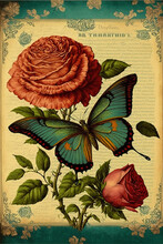 Victorian Rose With Butterfly, Vibrant Colors Digital Collage Sheets Antique Scrap Ephemera Junk Journal Art Prints Vintage Card