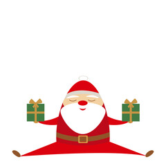 Simple flat funny cartoon santa in red costume and white beard sitting on the ground holding two green christmas gift boxes with yellow ribbon and bow