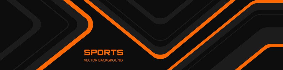 black abstract wide horizontal banner with orange and gray lines, arrows and angles. dark modern spo