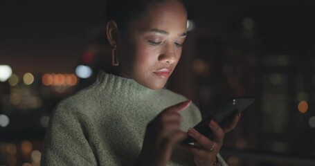 Sticker - Business woman, phone and communication at night on a city building rooftop with 5g network connection to scroll for contact. Black female with smartphone for banking, networking and trading