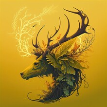 Dragon Deer Skull Floral Illustration Made With Generative AI
